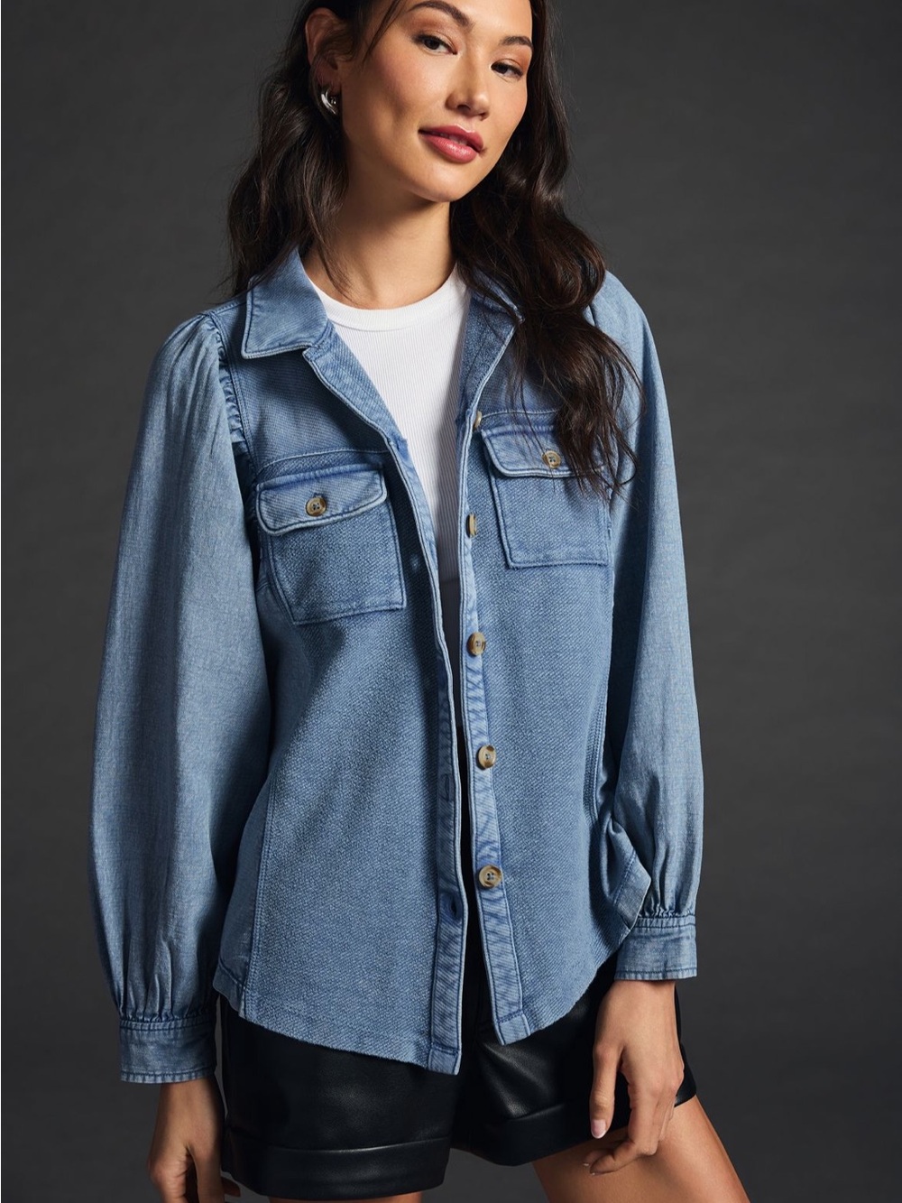 Pilcro Chambray Shacket with Button Front and puff sleeves